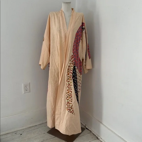 Vintage 70s Patchwork Cotton Kimono Duster Robe - Picture 4 of 6